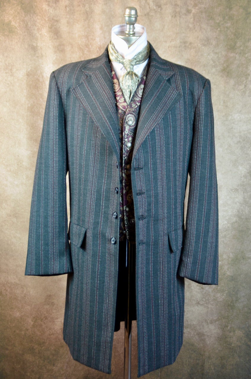 Men S Frock Coat Charcoal With Burgundy And White Ticking Stripe F