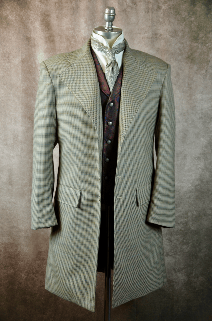Men's Frock Coat - Tan Houndstooth with Copper and Blue Windowpane #669 |  Frontier by Lawrence Scott